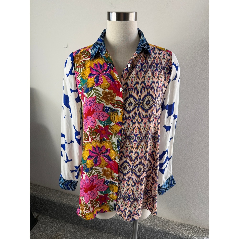 Rose+Olive Womens Small Mixed Print Button Up Shirt Floral Long Sleeve Colorful